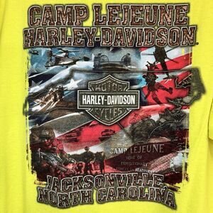 Harley Davidson Neon Yellow‎ Camp Lejeune Jacksonville NC L/S Pocket Tee Sz L